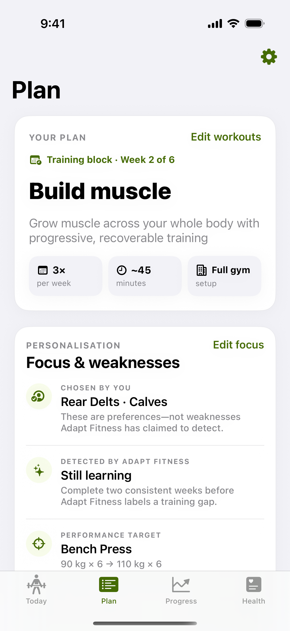 Personalized weekly gym workout plan in Adapt Fitness
